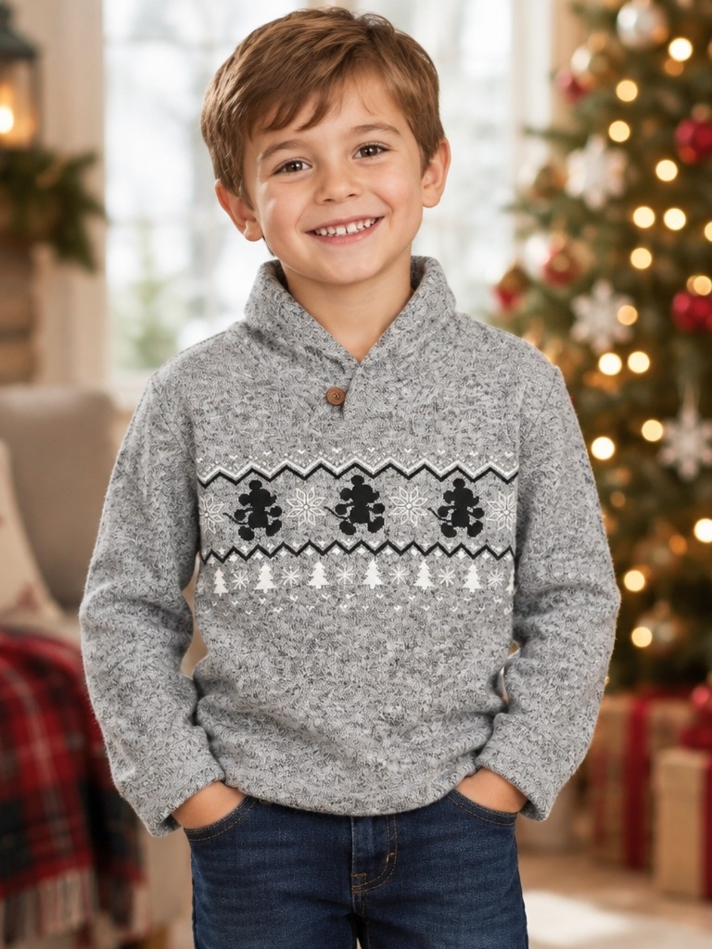 Disney Boys Grey Shawl-Collar Holiday Sweater with Mickey Fair Isle Sz 5t